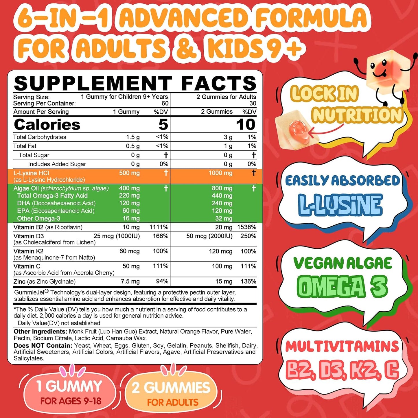 L-Lysine Gummies 500/1000mg with Algae Omega 3, Vitamin B2, D3, K2, C for Kids 9+, Teen & Adult, Lysine Supplement Support Immune, Lip & Oral, Collagen Production, Brain, Bone Health, Sugar Free 1Pack