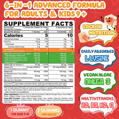 L-Lysine Gummies 500/1000mg with Algae Omega 3, Vitamin B2, D3, K2, C for Kids 9+, Teen & Adult, Lysine Supplement Support Immune, Lip & Oral, Collagen Production, Brain, Bone Health, Sugar Free 1Pack