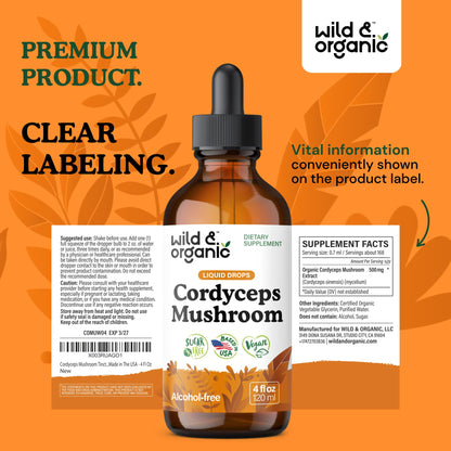 Wild & Organic Cordyceps Mushroom Tincture - Energy & Immune Support - Cordyceps Sinensis Extract Supplement - Liquid Mushroom Drops - Add to Tea & Mix with Powder - Sugar & Alcohol-Free - 4 fl oz