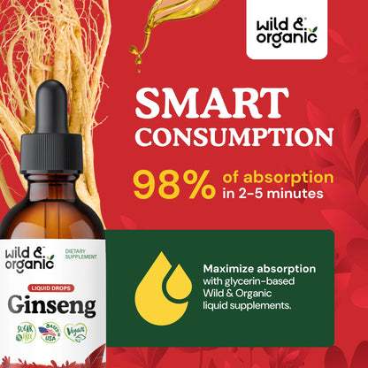 Wild & Organic Korean Panax Ginseng Extract Liquid Drops - Immune & Energy Support - Red Ginseng Root Supplement - Easy to Add to Tea - Vegan, Sugar & Alcohol-Free Tincture - 4 fl oz
