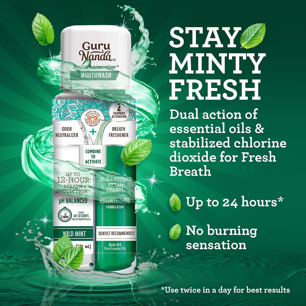 GuruNanda Dual Barrel Fresh Breath Mouthwash with Xylitol, Mint, 3x20 oz