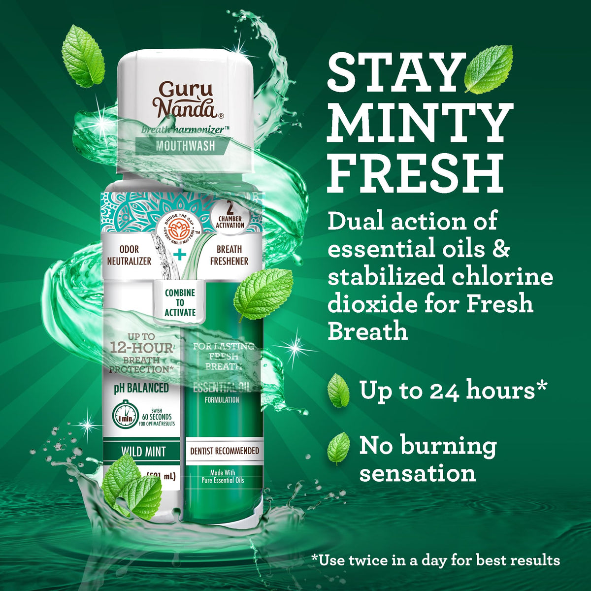 GuruNanda Dual Barrel Fresh Breath Mouthwash with Xylitol, Mint, 3x20 oz