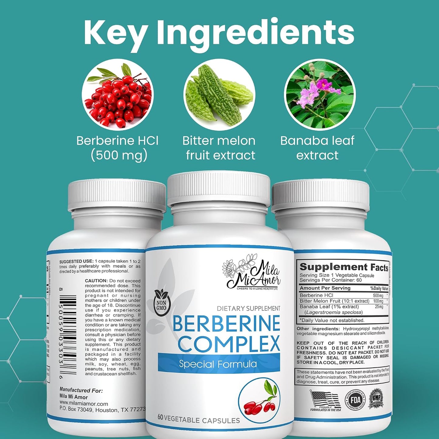 Berberine Complex HCL 500mg - Special Berberine Supplement with Melon Fruit & Banaba Leaf - Non-GMO, Made in USA - Heart, Cognitive & Gastrointestinal Health - 60 Capsules