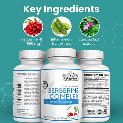 Berberine Complex HCL 500mg - Special Berberine Supplement with Melon Fruit & Banaba Leaf - Non-GMO, Made in USA - Heart, Cognitive & Gastrointestinal Health - 60 Capsules