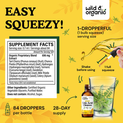 Wild & Organic Uric Acid Cleanse Liquid Drops - Tart Cherry, Turmeric, Celery, Chanca Piedra, Dandelion Root Extract Complex - Uric Acid Supplement - Vegan, Sugar & Alcohol-Free Tincture - 4 fl oz