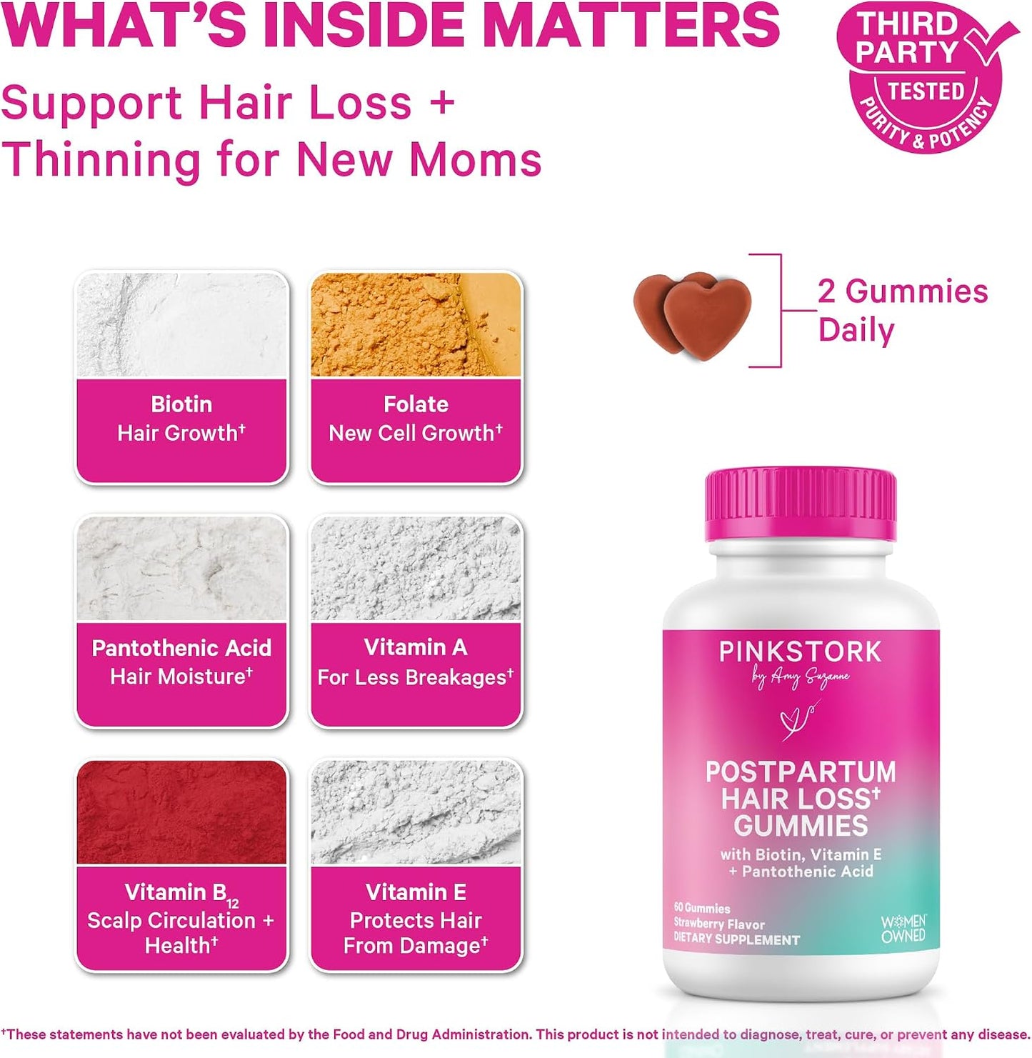 Pink Stork Postpartum Hair Loss Gummies, 60 Count | Biotin, Pantothenic Acid, Vitamin E, B6, B12, Breastfeeding-Friendly, Hair Growth + Regrowth Support