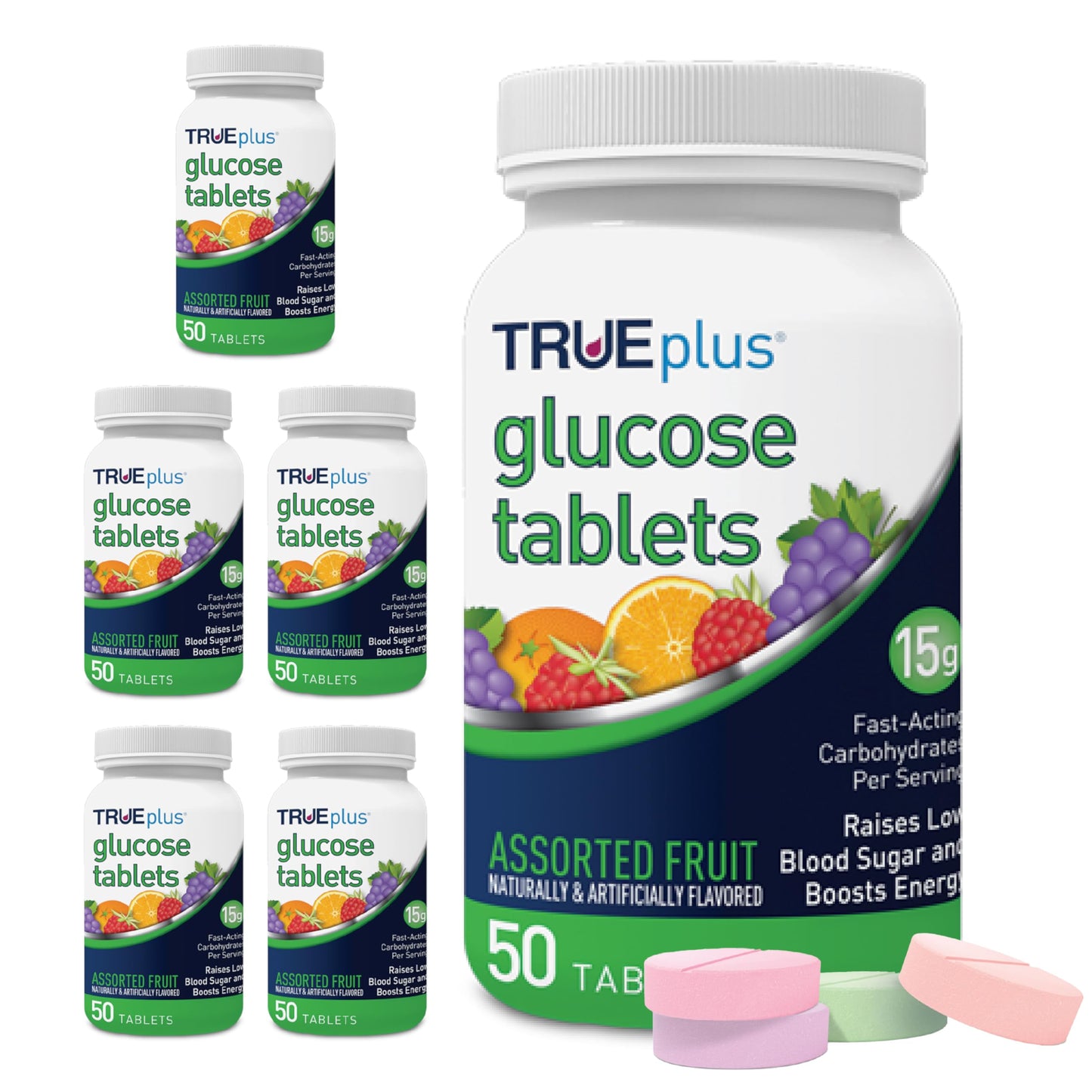 TRUEplus Glucose Tablets, Grape, Raspberry, Orange Flavors, 50 Count | Chewable Tablets, 15g Fast-Acting Carbohydrates, Fat Free, Gluten Free, Boosts Energy, Great Tasting and Easy to Use