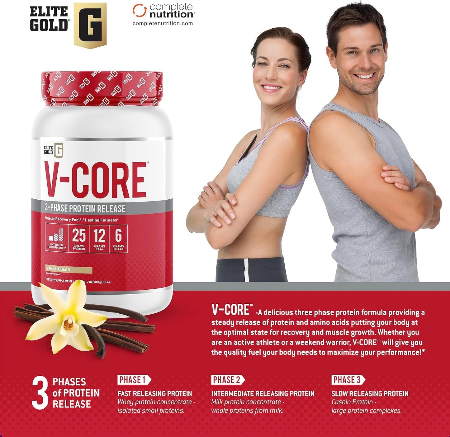 V-Core Protein Powder, Protein Powder, Keto, Vanilla, Whey Protein, High Protein, Casein Protein, 25g Protein, 12g EAAs, 6g BCAAs, 2 lb Tub (23 Servings)
