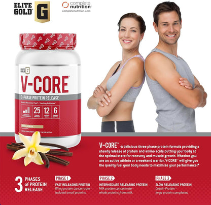 V-Core Protein Powder, Protein Powder, Keto, Vanilla, Whey Protein, High Protein, Casein Protein, 25g Protein, 12g EAAs, 6g BCAAs, 2 lb Tub (23 Servings)