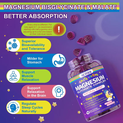 Magnesium Glycinate Gummies for Adults & Kids 4+, Sugar Free Magnesium Bisglycinate Supplement 400/200mg with B6D3, L-Theanine for Sleep & Relaxation, Brain, Muscle, Melatonin Free Gummies,2Pack