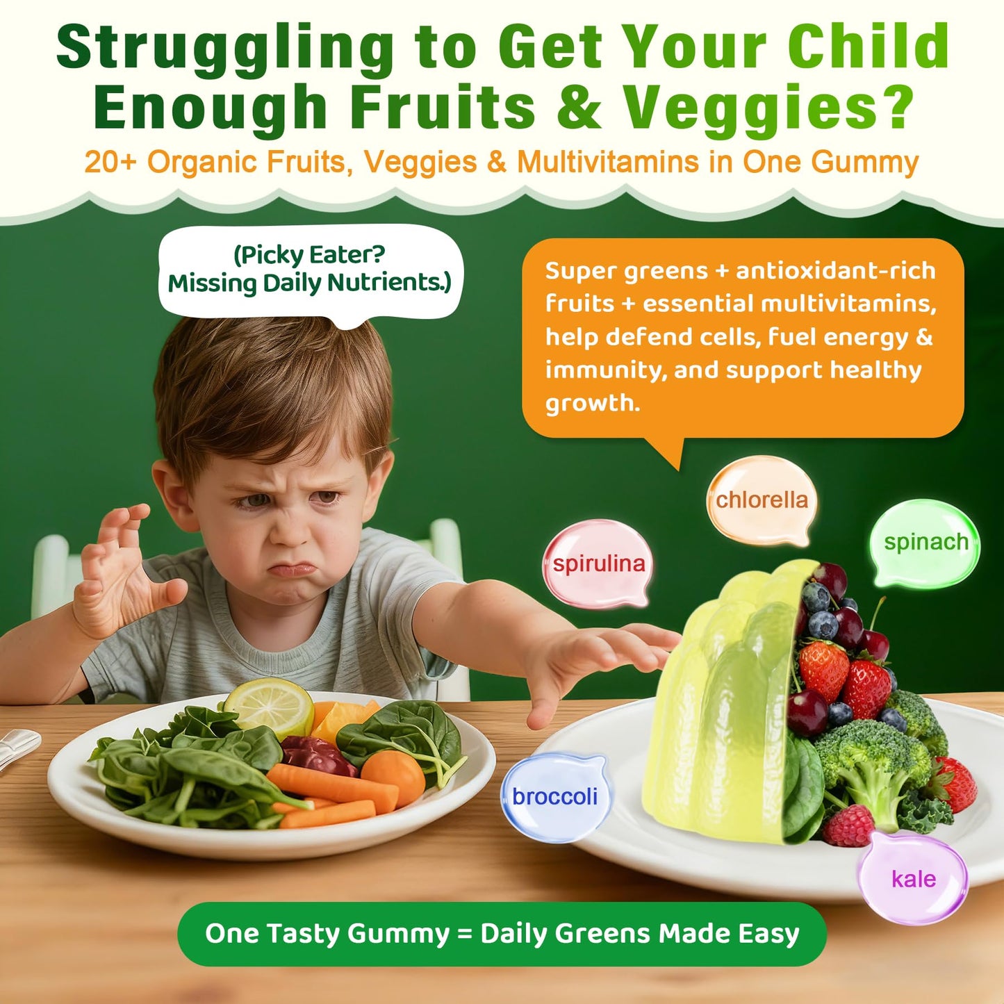 Kids Multivitamin Gummies, 20+ Super Greens Fruit Veggies Supplement Superfood Daily Fiber Gummies for Picky Eater with Probiotics Kids Gummy Vitamins & Minerals for Growth, Gut, Immune Support, 60Cts