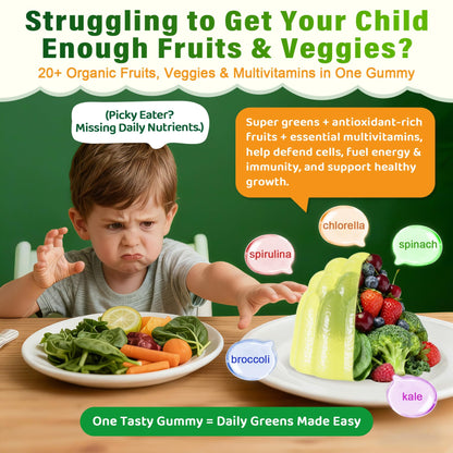 Kids Multivitamin Gummies, 20+ Super Greens Fruit Veggies Supplement Superfood Daily Fiber Gummies for Picky Eater with Probiotics Kids Gummy Vitamins & Minerals for Growth, Gut, Immune Support, 60Cts