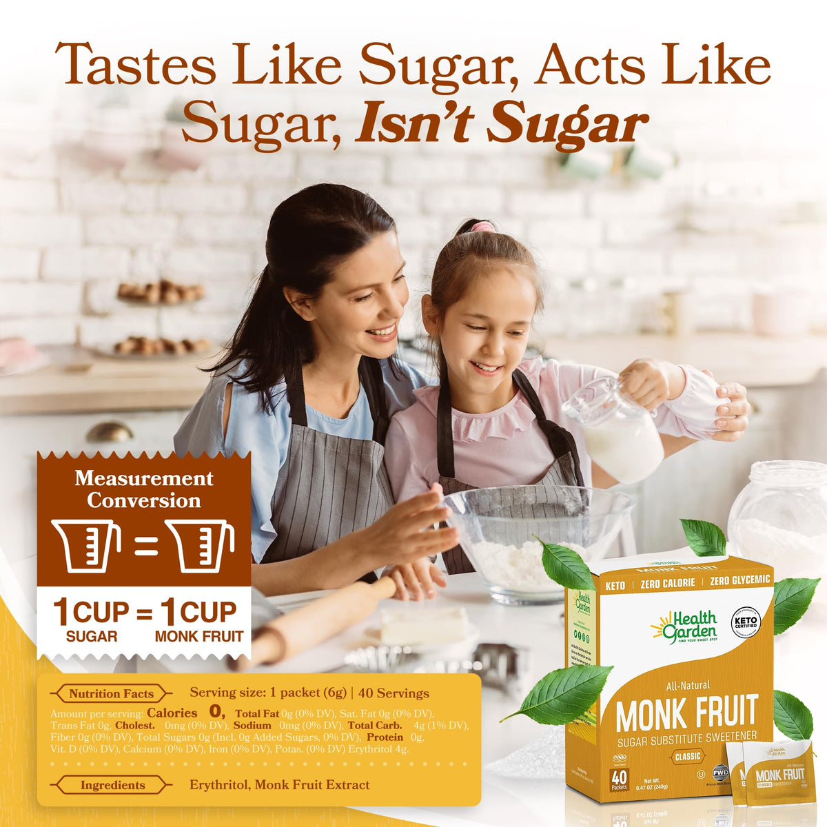 Health Garden Monk Fruit Sweetener, Golden Sugar Substitute - 2.5 lb