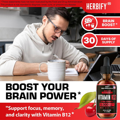 HERBIFY Vitamin B12 Methylated Multivitamin Energy Supplements for Women & Men - Liquid B12 Vitamins 5000 Mcg Methylcobalamin - Energy Support and Immune Health Liquid Vitamin - 30 Days Supply - 2 Oz