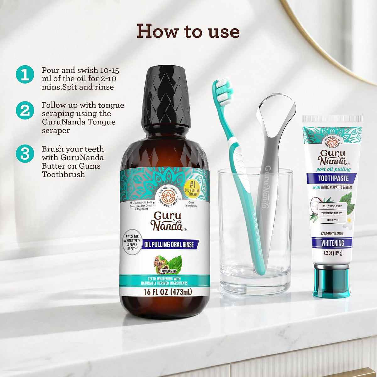 GuruNanda Coconut Oil Pulling Mouthwash with Vitamins, Farmed Mint, 16 oz