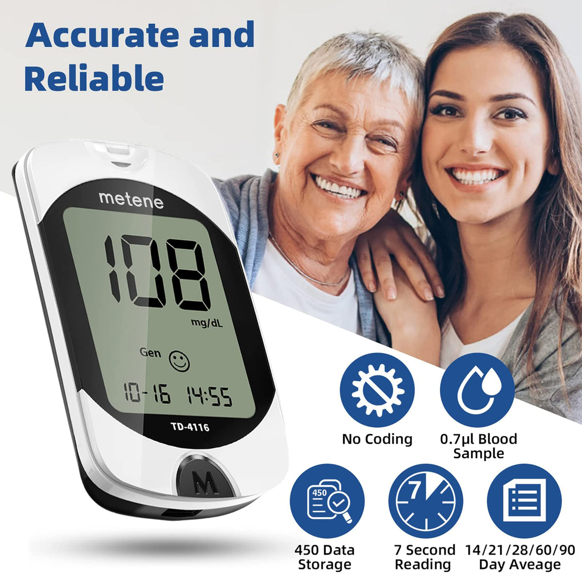 Metene TD-4116 Blood Glucose Monitor Kit, 100 Glucometer Strips