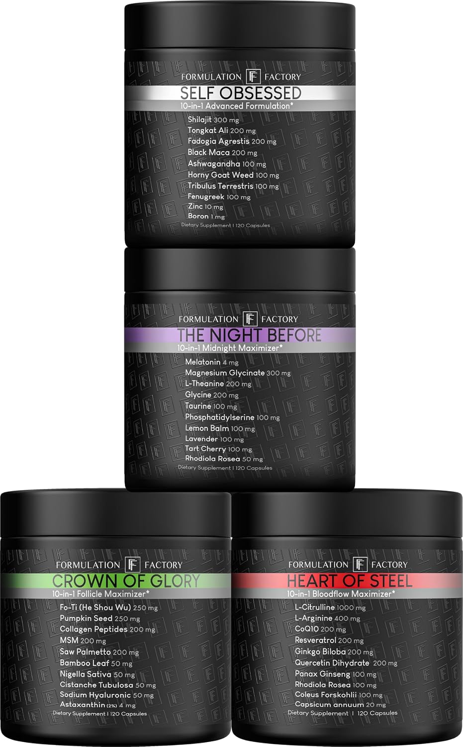 Formulation Factory Self Obsessed x Heart of Steel x The Night Before x Crown of Glory (Bundle) – Men's Vitality, Blood Flow, Sleep & Hair Support with Shilajit, L-Citrulline, Magnesium & Saw Palmetto