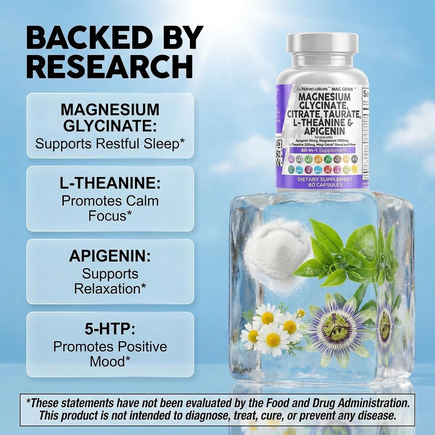 Clean Nutraceuticals Magnesium Glycinate Complex 1000mg with L-Theanine 200mg Apigenin 50mg Citrate Taurate Supplement - 5-HTP GABA Passion Flower Lemon Balm L-Glycine Phosphatidylserine - 60 Count