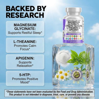 Clean Nutraceuticals Magnesium Glycinate Complex 1000mg with L-Theanine 200mg Apigenin 50mg Citrate Taurate Supplement - 5-HTP GABA Passion Flower Lemon Balm L-Glycine Phosphatidylserine - 60 Count
