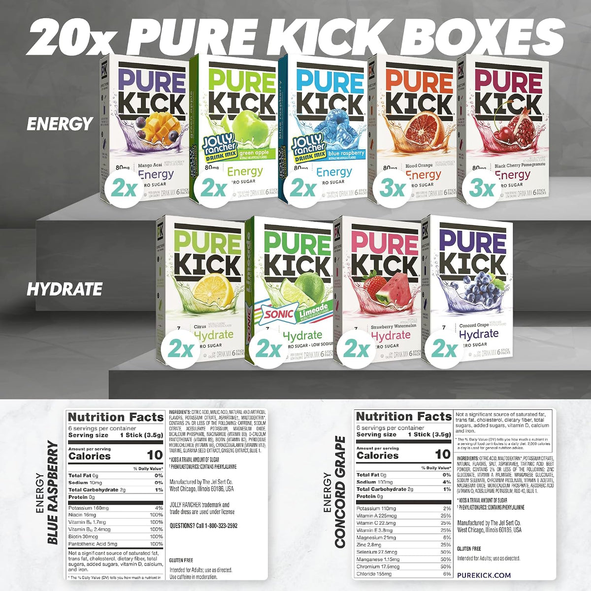 Pure Kick Hydration Drink Mix Variety Pack - 9 Flavors Sugar Free Packets