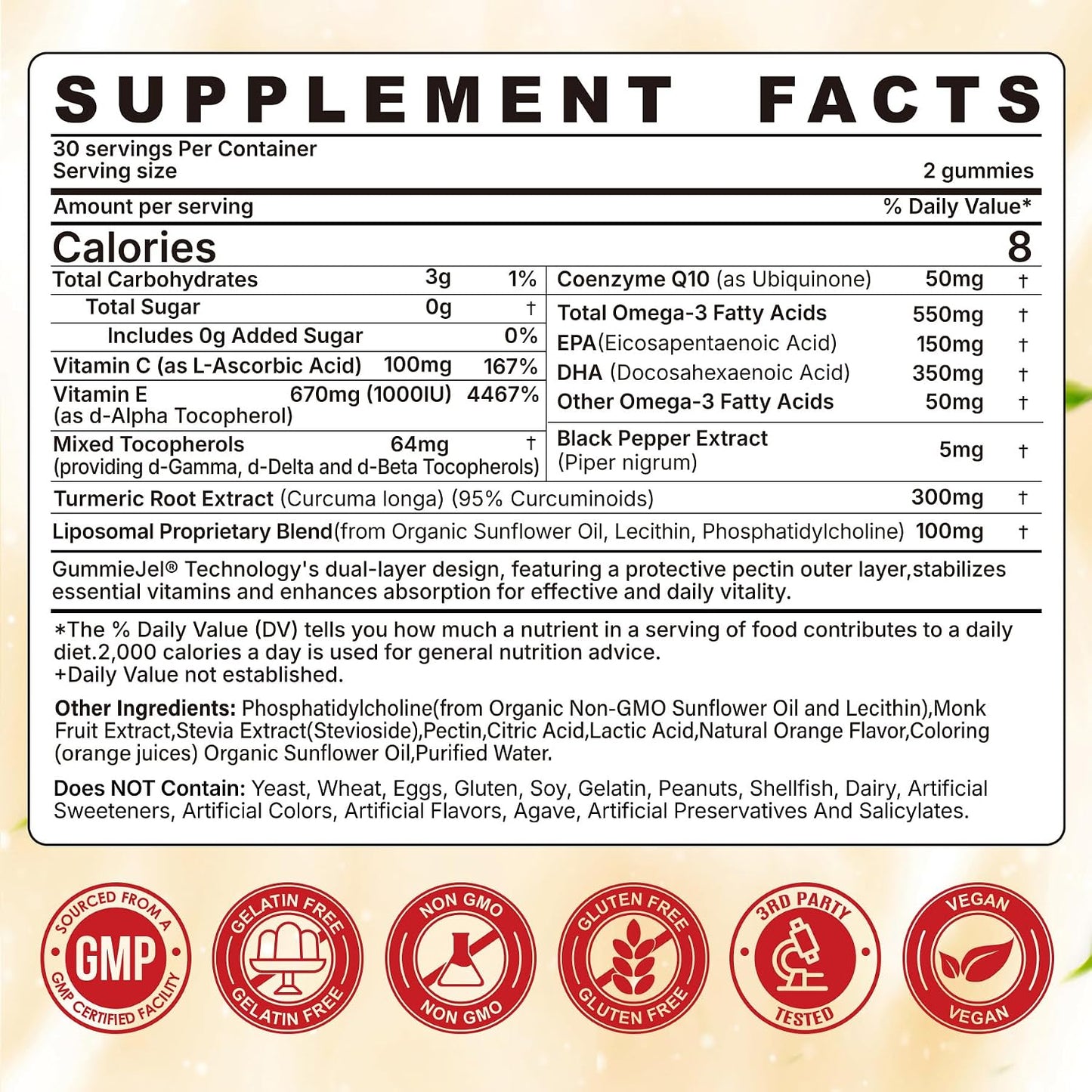 Liposomal Vitamin E Gummies 1000IU - Natural Forms of Vitamin E, with Mixed Tocopherols | 8-in-1 Antioxidant Formula with CoQ10, Omega-3, Vitamin C & Turmeric | for Skin, Eye, Immune & Brain, 1 PACK