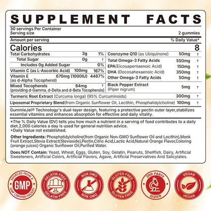 Liposomal Vitamin E Gummies 1000IU - Natural Forms of Vitamin E, with Mixed Tocopherols | 8-in-1 Antioxidant Formula with CoQ10, Omega-3, Vitamin C & Turmeric | for Skin, Eye, Immune & Brain, 1 PACK