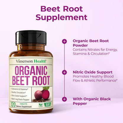 Organic Beetroot Supplement – USDA Organic Beet Root Tablets with Black Pepper for Circulation, Energy & Stamina – Nitric Oxide Support for Pre & Post Workout Performance & Endurance – 20 days supply