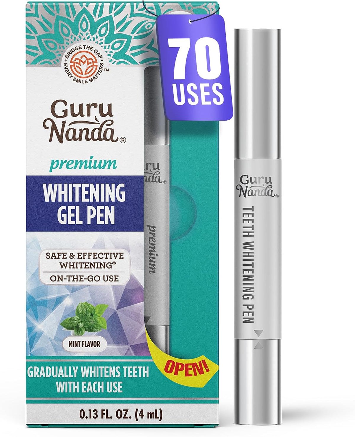 GuruNanda Teeth Whitening Pen - Helps Remove Surface Stains from Coffee, Tea & Wine, Up to 70 Uses, Precision Brush Applicator, Travel-Friendly Whitening Gel Pen, Mint Flavor, 4 mL