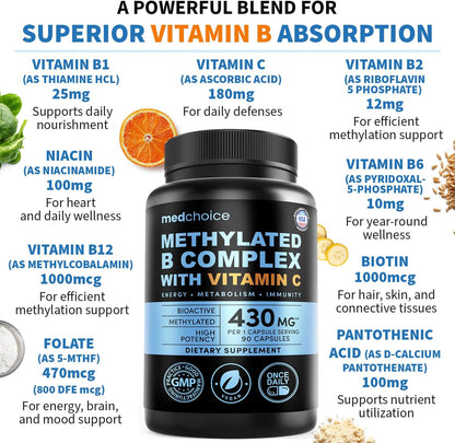 MEDCHOICE Methyl B Complex Capsules and Melatonin 90 Count - High Potency B Vitamin Supplement and Nightly Sleep Support for Daily Wellness and Restful Evenings