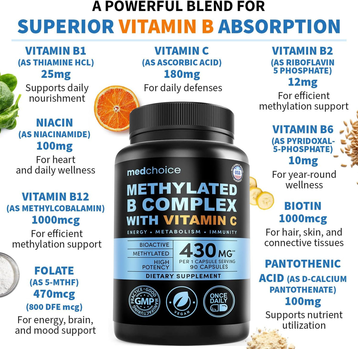 MEDCHOICE Methyl B Complex Capsules and Melatonin Sleep Extra Strength 10mg Melatonin - Active B Vitamin Complex and Nightly Sleep Support with Magnesium and Ashwagandha