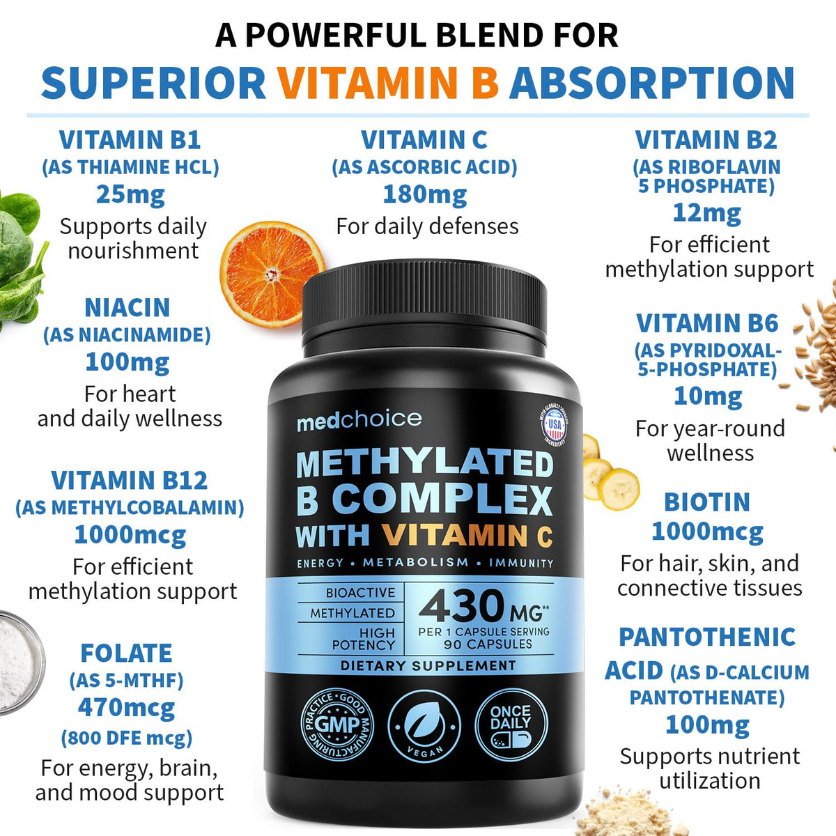 MEDCHOICE 9-in-1 Methylated Vitamin B Complex for Women & Men, 90ct