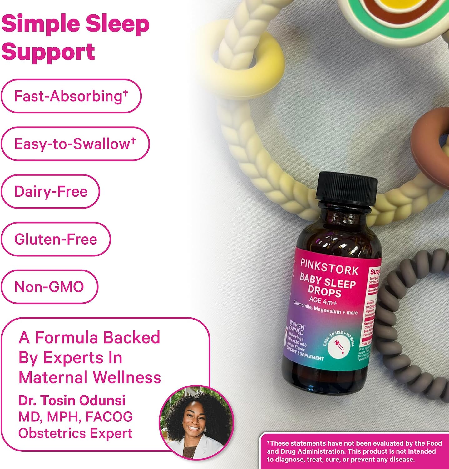 Pink Stork Baby Sleep Drops for Infants and Kids, Melatonin-Free, 1 oz | Naturally Support Sleep, Non-Habit Forming, Chamomile and Magnesium, 30 Servings
