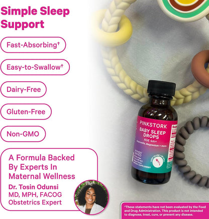 Pink Stork Baby Sleep Drops for Infants and Kids, Melatonin-Free, 1 oz | Naturally Support Sleep, Non-Habit Forming, Chamomile and Magnesium, 30 Servings