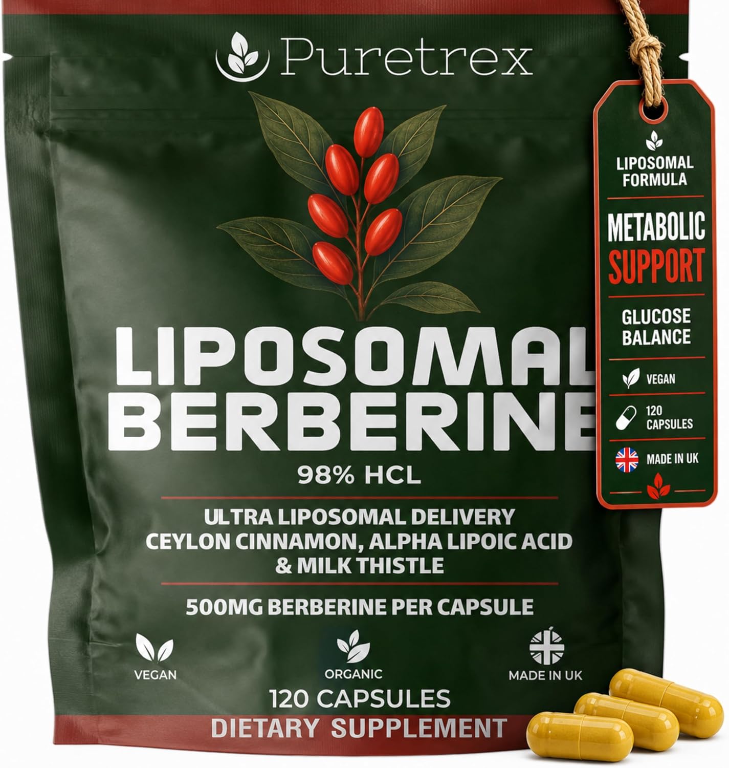 Liposomal Berberine 500mg HCl 98%, 120 Capsules with Ceylon Cinnamon, Alpha Lipoic Acid, Milk Thistle, Enhanced Absorption Metabolism Supplement, Made in UK, Vegan