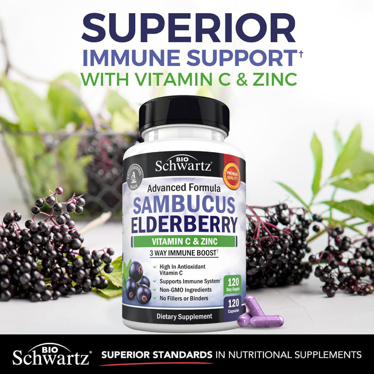Elderberry Capsules with Zinc and Vitamin C for Adults, 60 Count