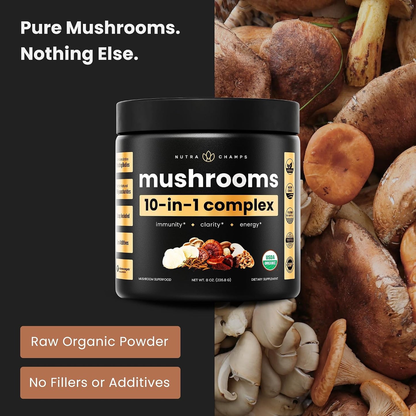 NutraChamps Organic Mushroom Powder - 10-in-1 Complex - Mushroom Supplement Powder Blend for Memory, Focus & Immune Support - 8oz (8.0 OZ, Mushroom Blend)