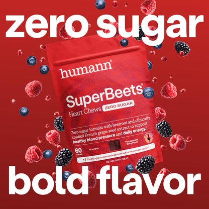 HumanN SuperBeets Heart Chews Zero Sugar, Beet Root Supplement, Energy, Nitric Oxide and Blood Pressure Support, Grape Seed Extract & Non-GMO, Heart Health, Pomegranate Berry Flavor, 60 Count