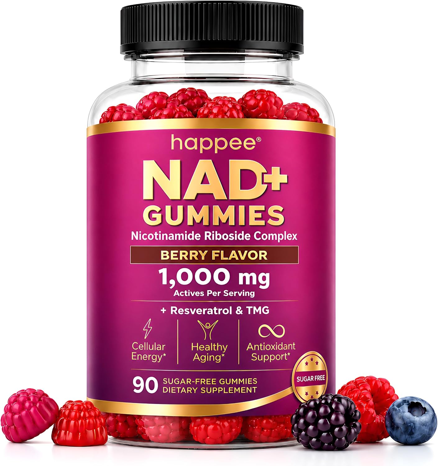 Happee NAD+ Gummies Supplement for Women & Men, Sugar-Free 1,000mg 90 Ct | Healthy Aging, Energy, & Focus 5-in-1 NAD Plus Resveratrol, Nicotinamide Riboside 500mg NR, TMG, Quercetin, & CoQ10