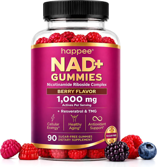 Happee NAD+ Gummies Supplement for Women & Men, Sugar-Free 1,000mg 90 Ct | Healthy Aging, Energy, & Focus 5-in-1 NAD Plus Resveratrol, Nicotinamide Riboside 500mg NR, TMG, Quercetin, & CoQ10