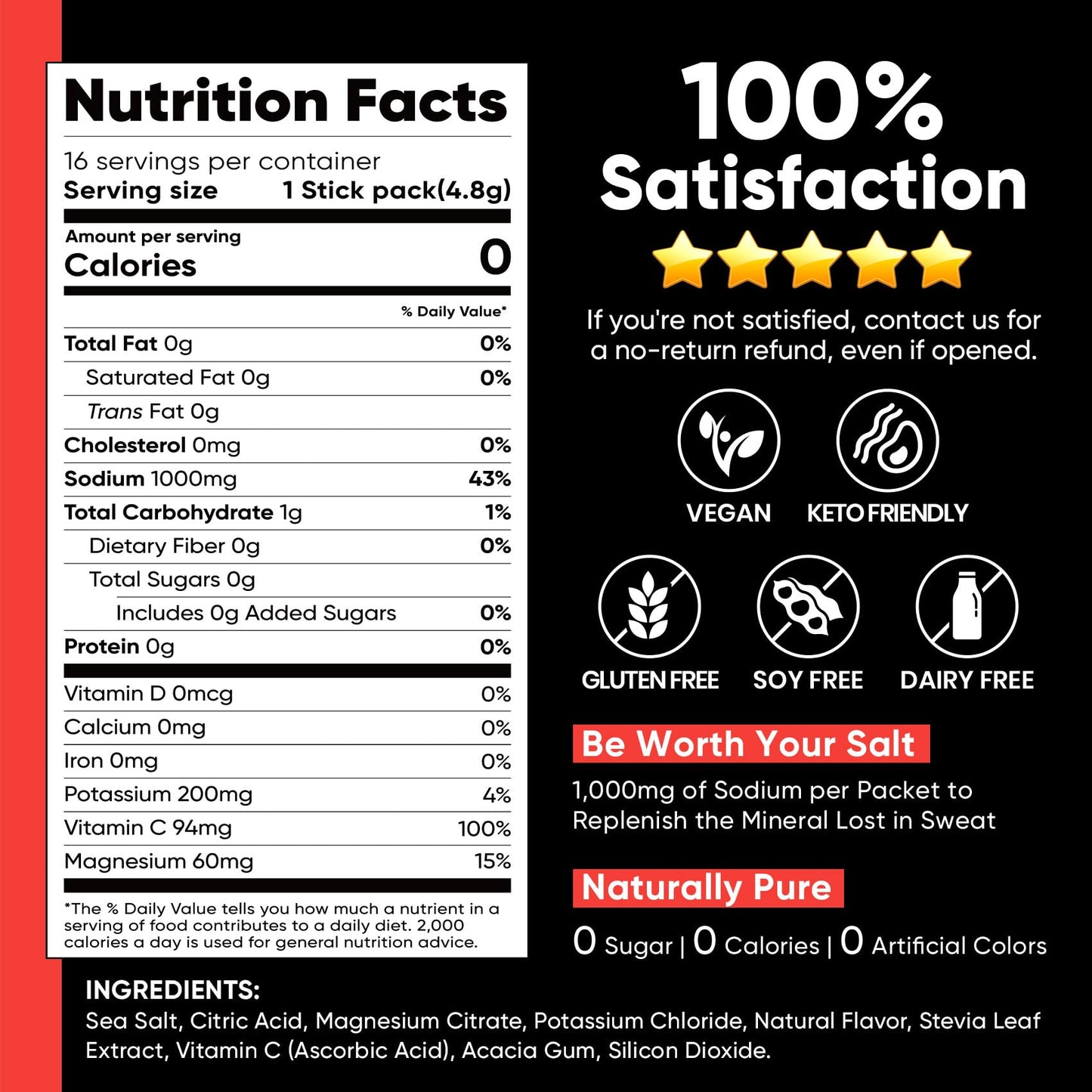 Venture Pal High Sodium Sugar-Free Electrolytes Powder Packets, 16 Sticks | Hydration Packets with Sodium, Potassium & Magnesium, Zero Calories, Keto, Vegan, and Paleo Friendly