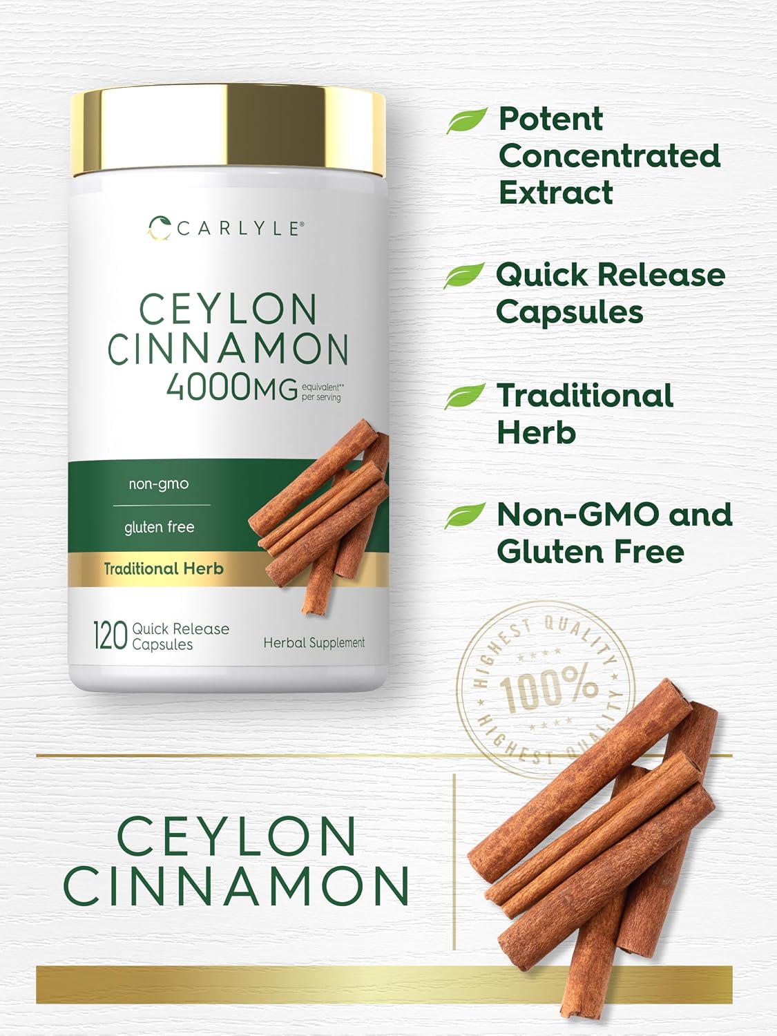 Carlyle Ceylon Cinnamon Capsules | 120 Count | Non-GMO & Gluten Free Supplement