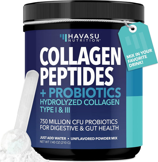 Collagen Peptides Powder with Probiotics, Unflavored, Hair, Skin & Nails | Grass-Fed Hydrolyzed Type I & III Collagen Peptides with Probiotics, GLP-1 Nutritional Support for Digestion, 30 Servings