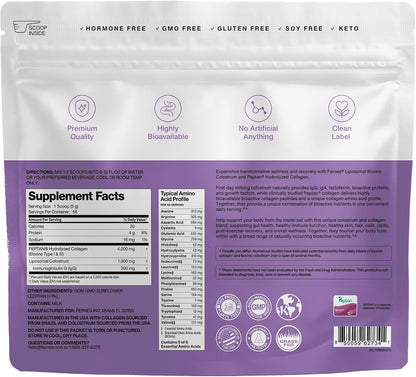 Liposomal Bovine Colostrum Powder with Collagen for Gut Health, Immune Support, Hair Growth & Beauty Supplement | Grass-Fed, Unflavored, 56 Servings