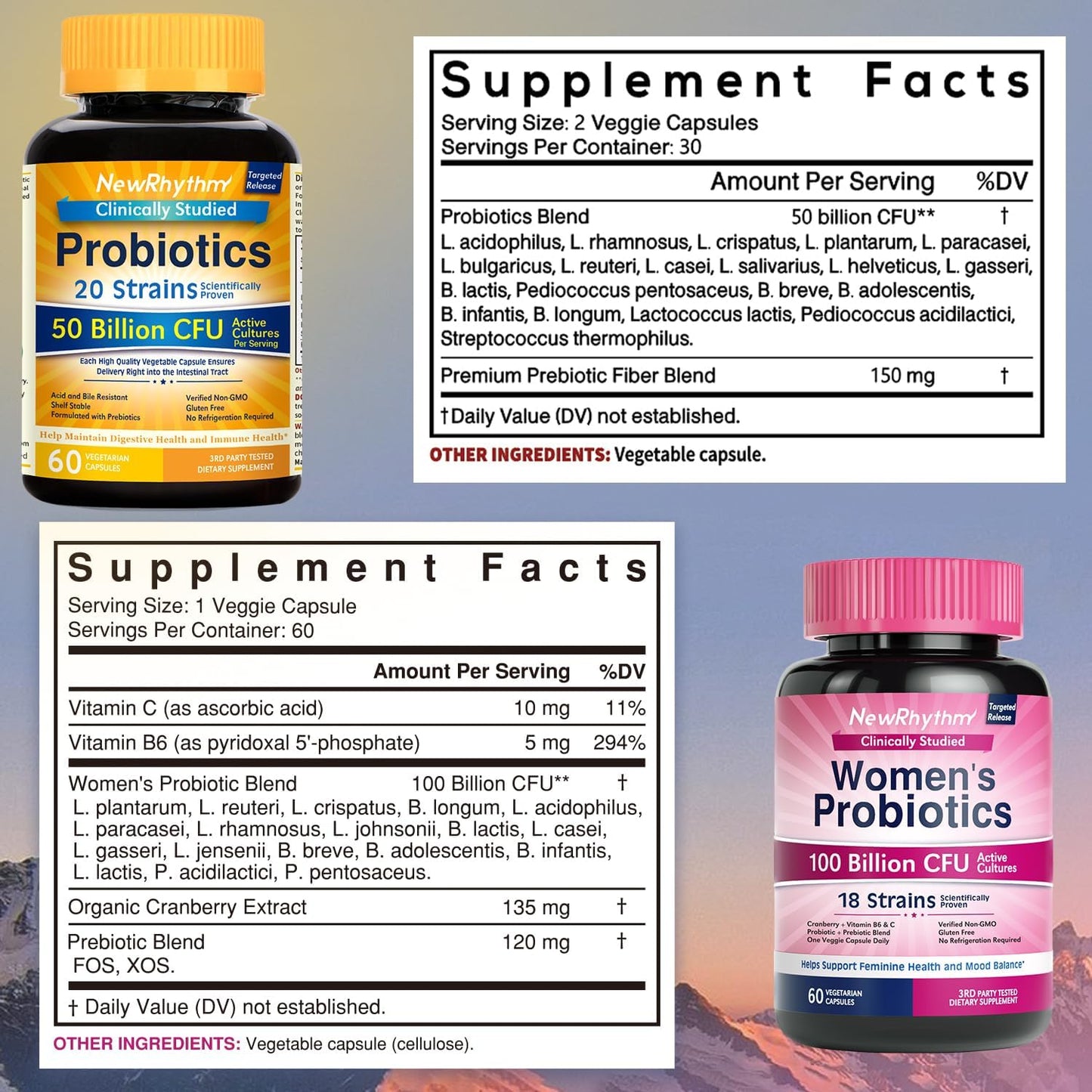 NewRhythm Gut Balance Bundle, Probiotics 50 Billion CFU & Women’s Probiotics (100B CFU), Daily Gut Health Support, Complete Feminine Care, 120 Capsules Total (Pack of 2)