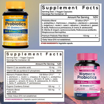 NewRhythm Gut Balance Bundle, Probiotics 50 Billion CFU & Women’s Probiotics (100B CFU), Daily Gut Health Support, Complete Feminine Care, 120 Capsules Total (Pack of 2)