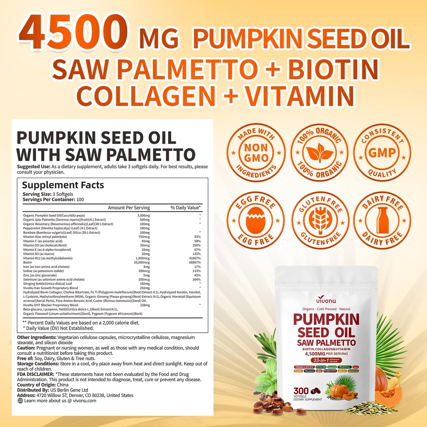 VivoNu Pumpkin Seed Oil with Saw Palmetto Capsules | 4500mg | 300 Count| 33 in 1 Vitamin C D3 B12 E A, Castor, Zinc, Biotin, Iron, Peppermint | Hair Growth & DHT Blocker for Women Men | 300 Count| 33 in 1 Vitamin C D3 B12 E A, Castor, Zinc, Biotin, Iron,