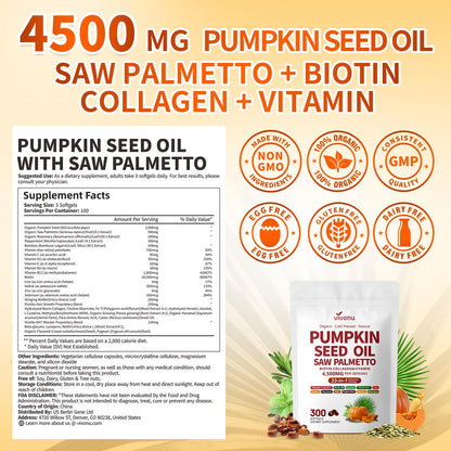 VivoNu Pumpkin Seed Oil with Saw Palmetto Capsules | 4500mg | 300 Count| 33 in 1 Vitamin C D3 B12 E A, Castor, Zinc, Biotin, Iron, Peppermint | Hair Growth & DHT Blocker for Women Men | 300 Count| 33 in 1 Vitamin C D3 B12 E A, Castor, Zinc, Biotin, Iron,
