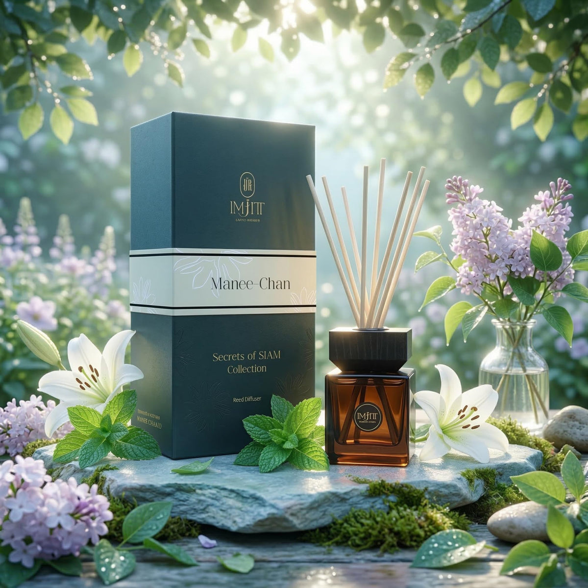Gulab Jamun by Imjitt - Authentic Thai Botanical Aroma Diffuser with Turkish Rose and White Tea Notes, Featuring Luxury Reed diffusers for Home to Create a Welcoming, Long-Lasting Ambient Scent