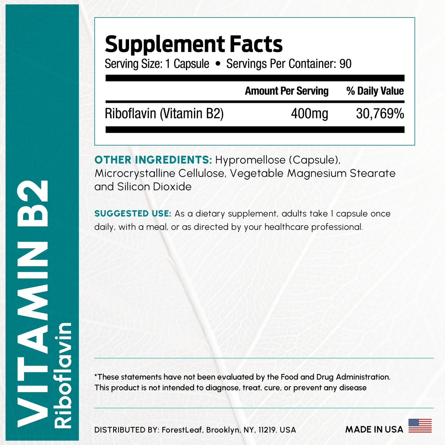ForestLeaf Vitamin B2 Riboflavin 400mg - Energy, Skin & Cellular Health Supplement - Nervous System Support - Vitamin B 2 VIT B - Non-GMO & Gluten Free - B2 Vitamin 400mg Vegetable Capsules, 90 Count