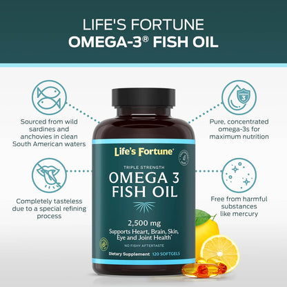 Life's Fortune Fish Oil Omega 3 Concentrate Supplement 2500 mg, 120 Softgels, High Potency, EPA & DHA Fatty Acid - Heart, Brain, Skin, Joints - Non GMO